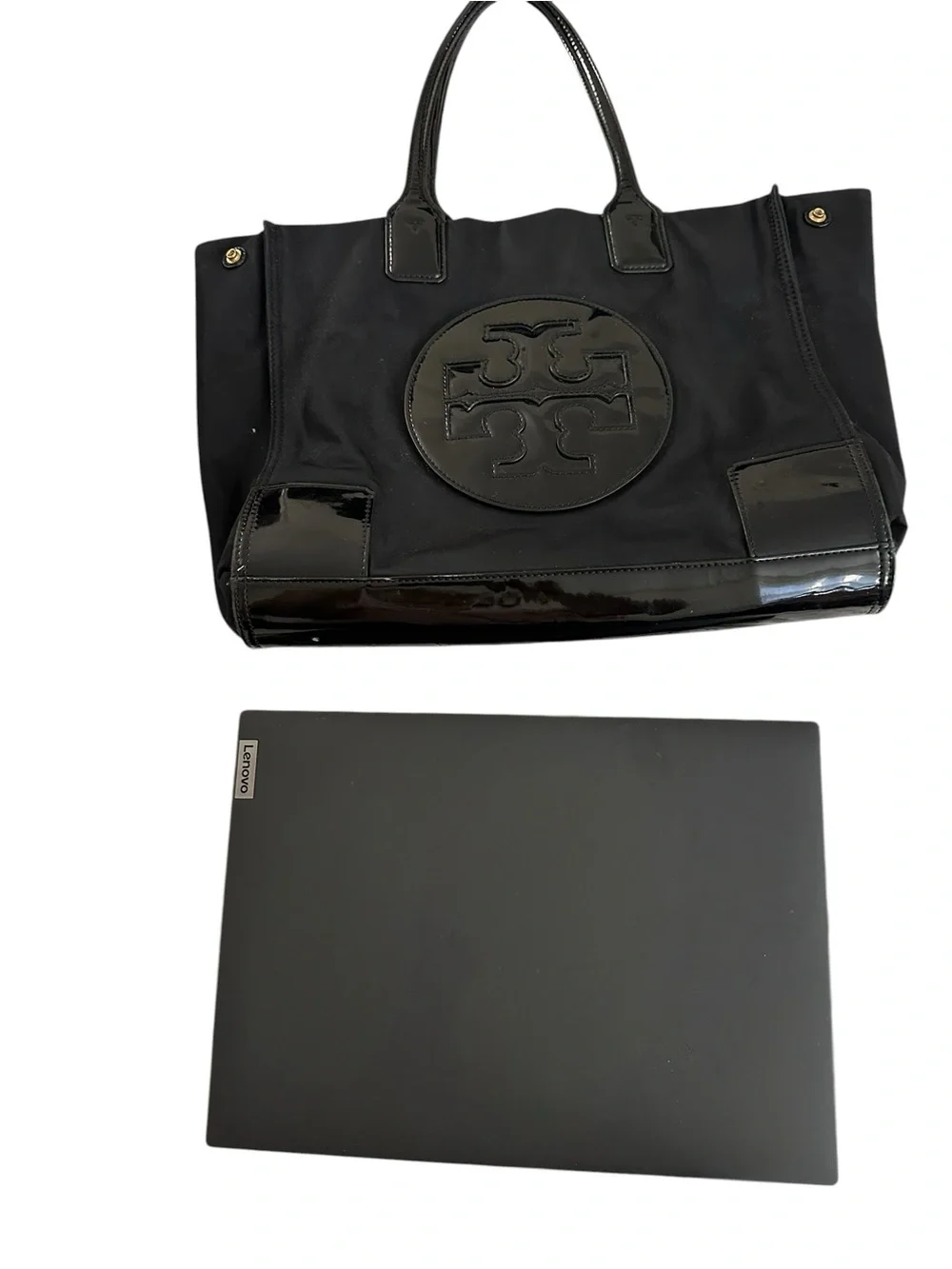 Tory Burch Black Patent Trim Logo Tote